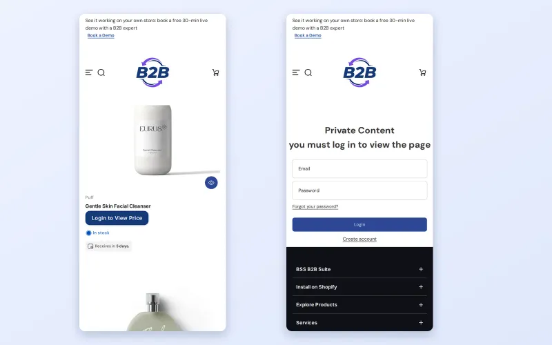 Two mobile screens: a product with a Login to View Price button, and the login form