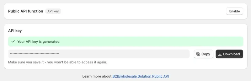 Public API settings page with a generated API key and Copy and Download buttons