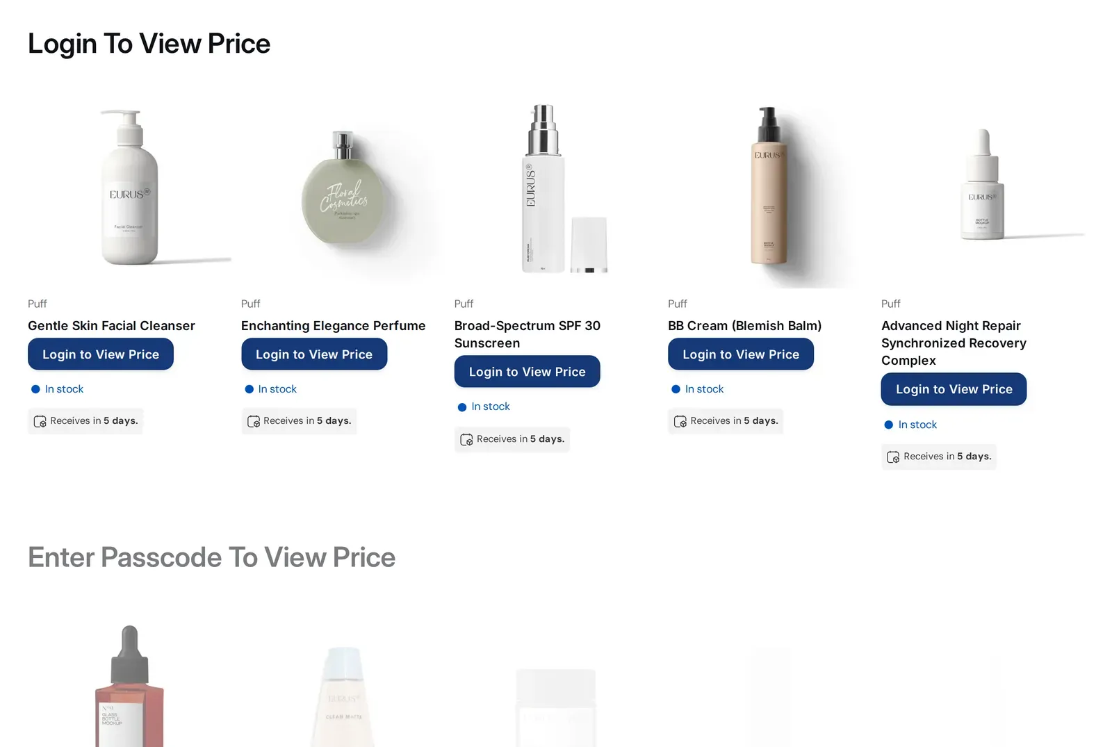 BSS B2B Lock demo store collection as a logged-in B2B buyer with prices visible