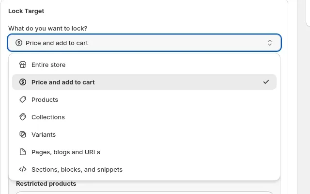 Lock Target dropdown in the Lock admin listing Entire store, Price and add to cart, Products, Collections, Variants, Pages blogs and URLs, and Sections blocks and snippets, with Price and add to cart selected
