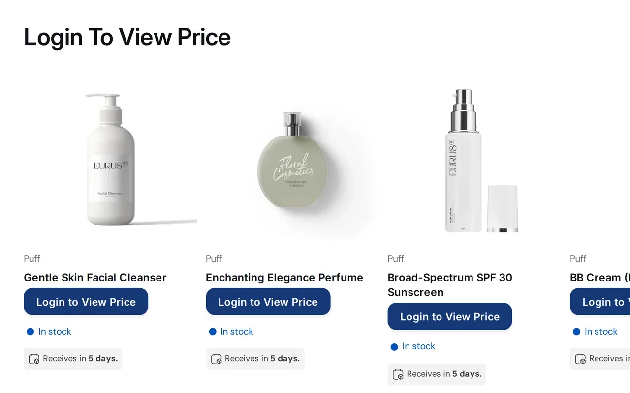 Demo store collection page where each price is replaced by a Login to View Price button