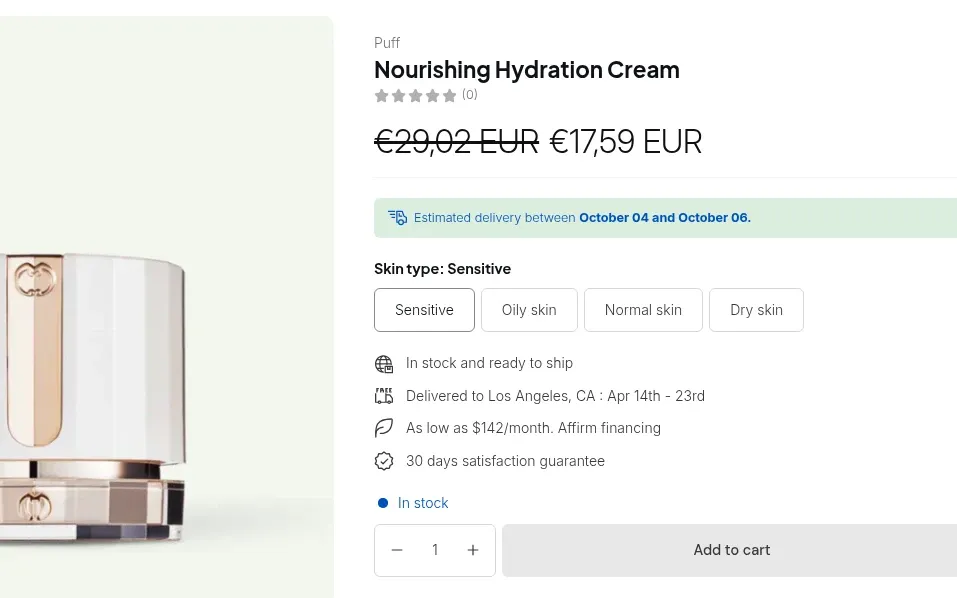 Product page showing the retail price in euros crossed out next to the wholesale price in euros