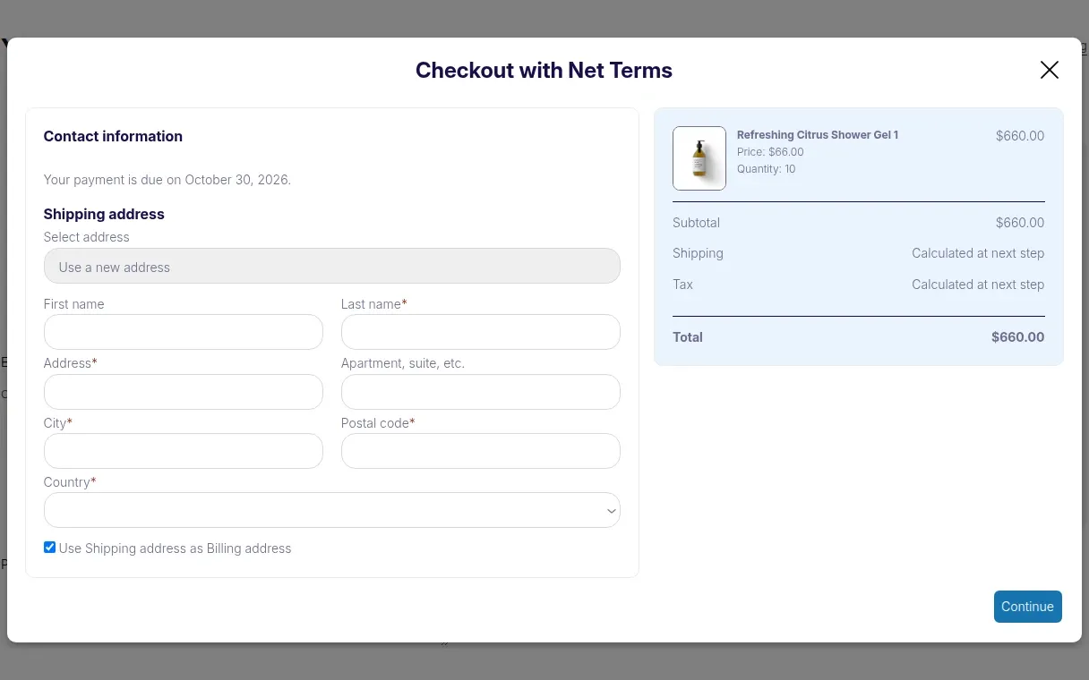 Checkout with Net Terms window showing the payment due date and the order summary
