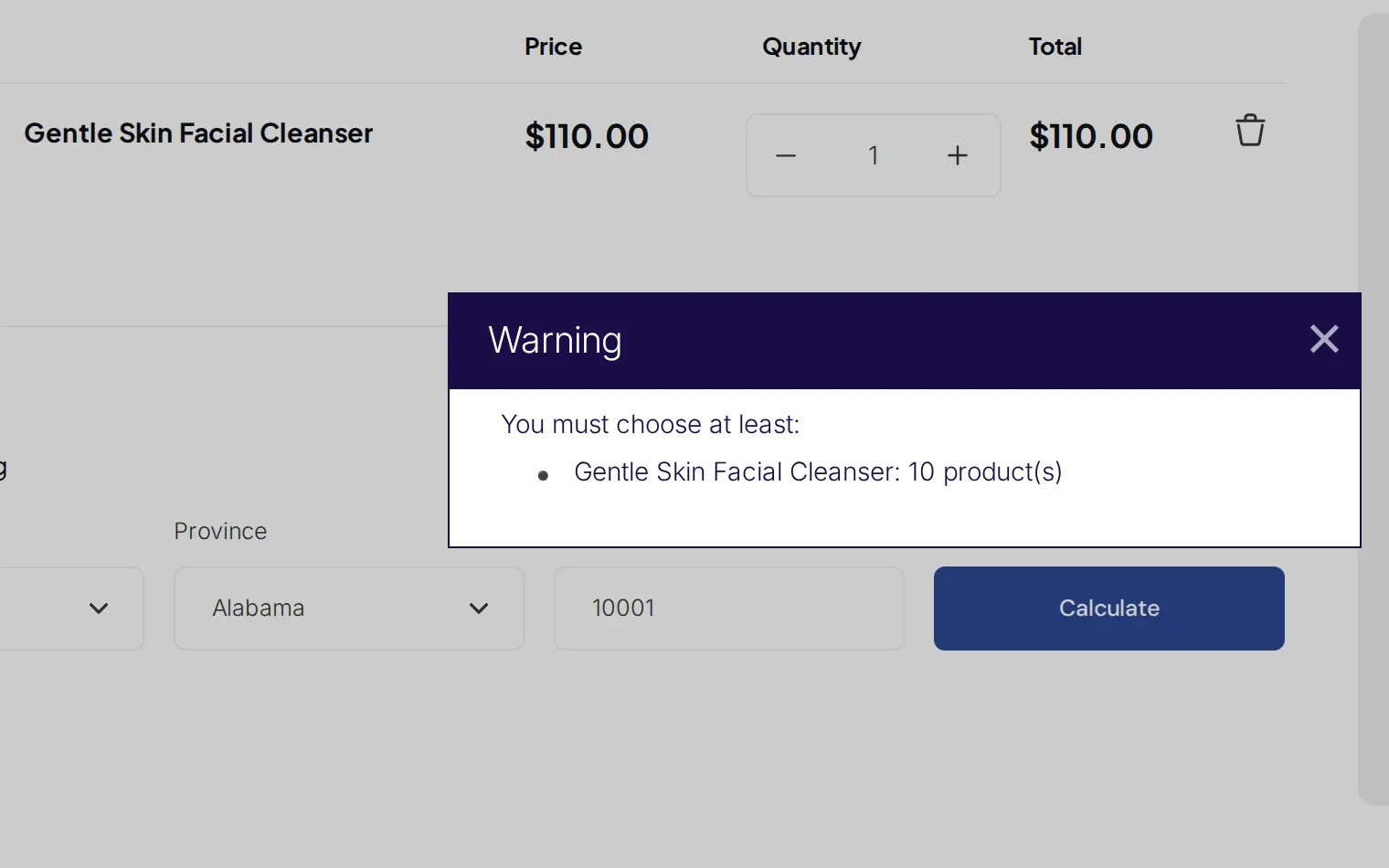 Cart with a warning that the buyer must choose at least 10 units of the product