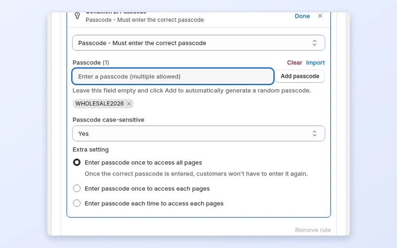 BSS B2B Lock Passcode condition with a passcode added, the case-sensitive setting and the entry frequency options
