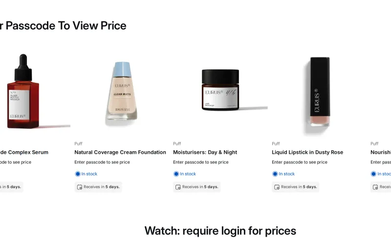 Demo store collection where each product shows Enter passcode to see price