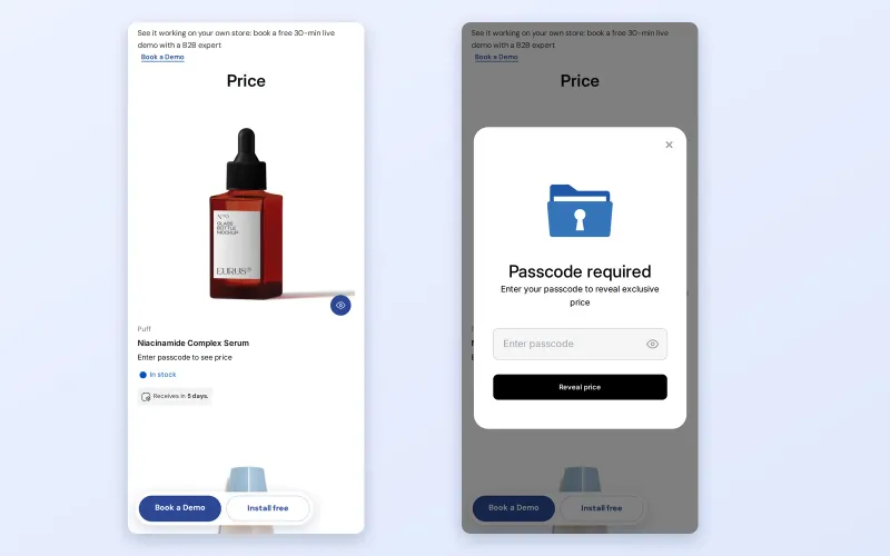 Two mobile screens: a product with the passcode prompt, and the Passcode required box