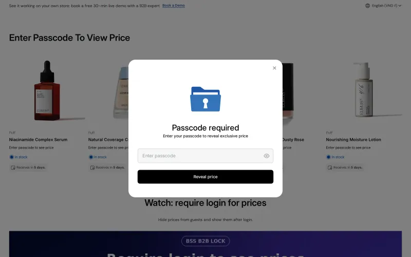 Passcode required box with an Enter passcode field and a Reveal price button over a product collection