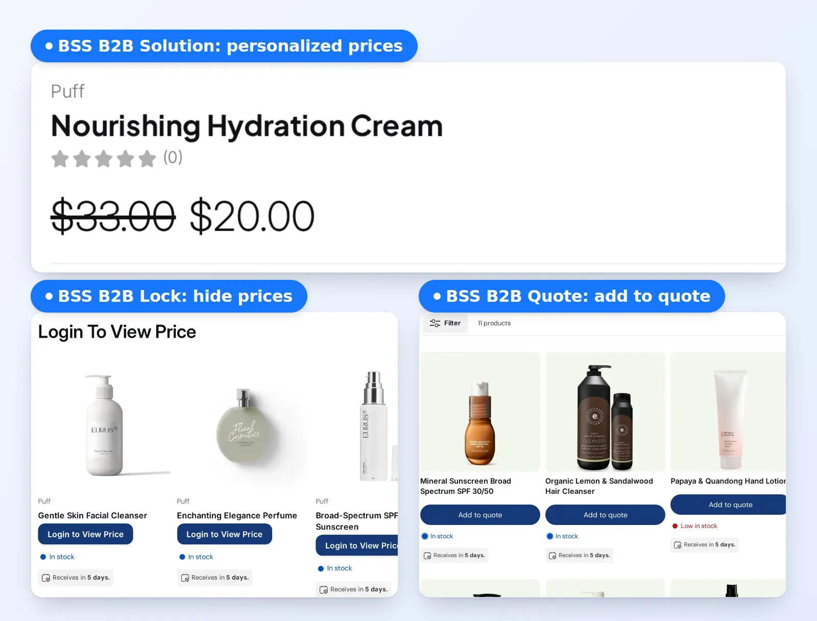 BSS B2B Solution, Lock and Quote storefront examples