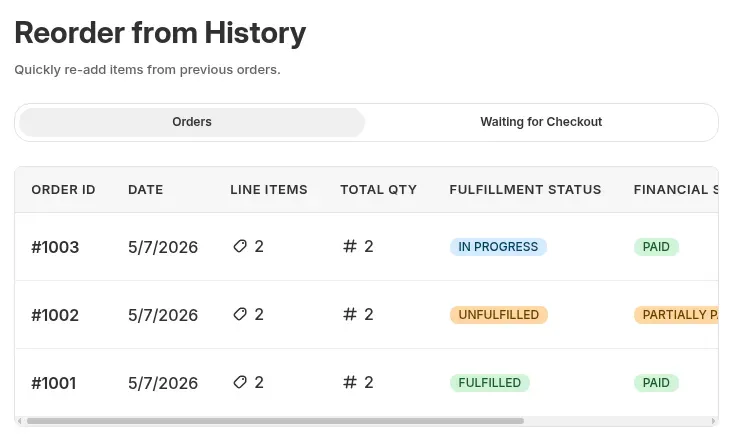 Reorder from History page with order tabs and a table of orders