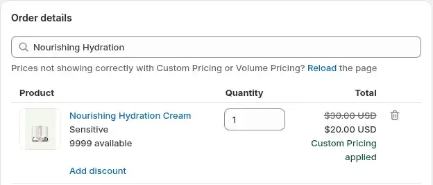Manual order line: 30.00 struck through, 20.00 Custom Pricing