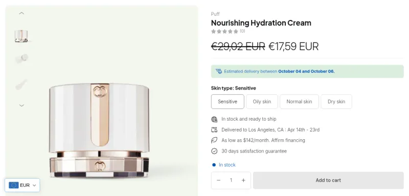 Product page showing a struck-through retail price and a lower price in EUR, with a currency selector