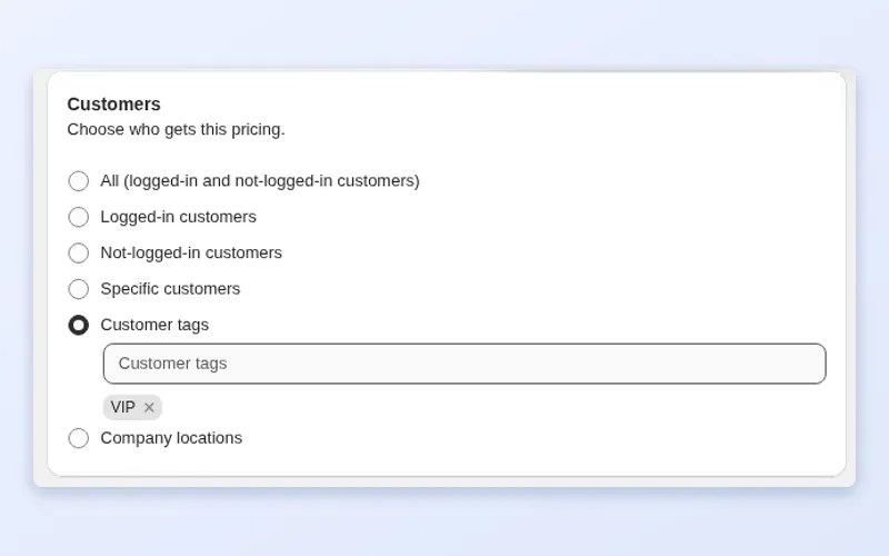 BSS B2B Solution Custom Pricing rule with the Customer tags option selected and a VIP tag added