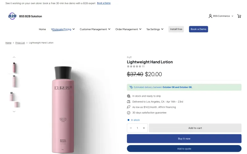 Product page for Lightweight Hand Lotion showing $20.00 with the $37.40 regular price crossed out for a logged-in B2B buyer