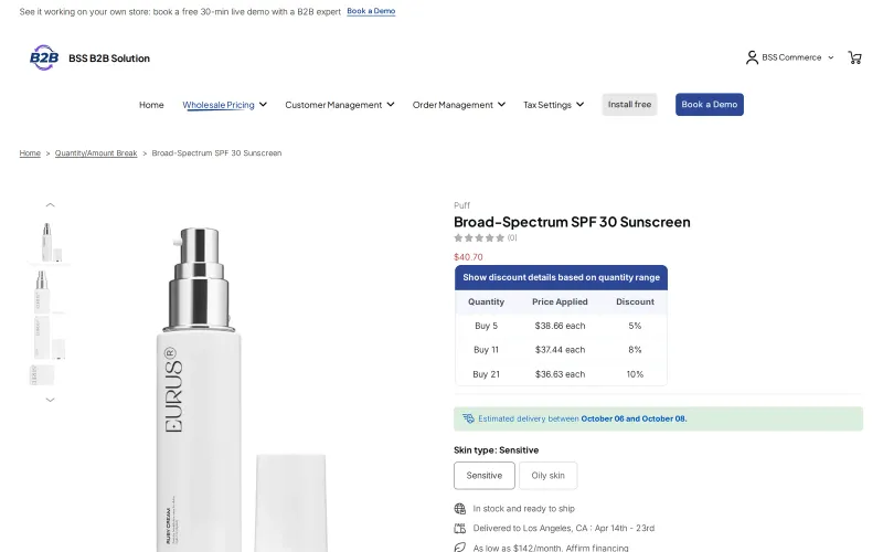 Product page on a demo store with a table of quantity breaks: buy 5 for 5 percent off, buy 11 for 8 percent off, buy 21 for 10 percent off