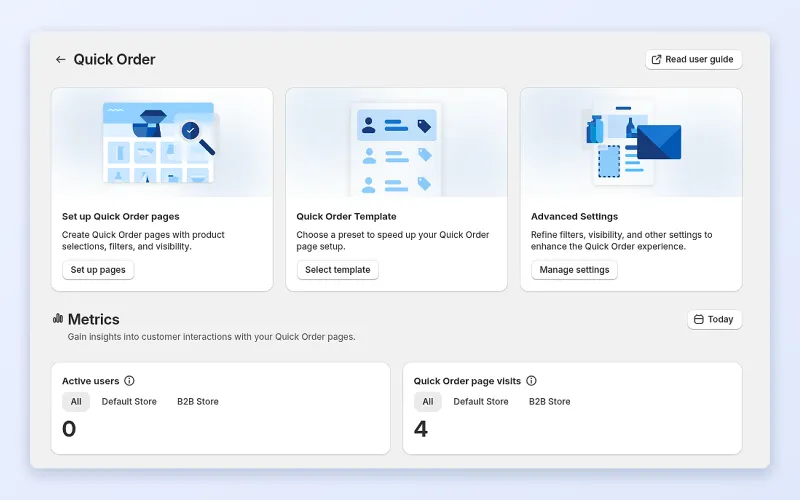 BSS B2B Quote Quick Order overview with Metrics for Active users and Quick Order page visits