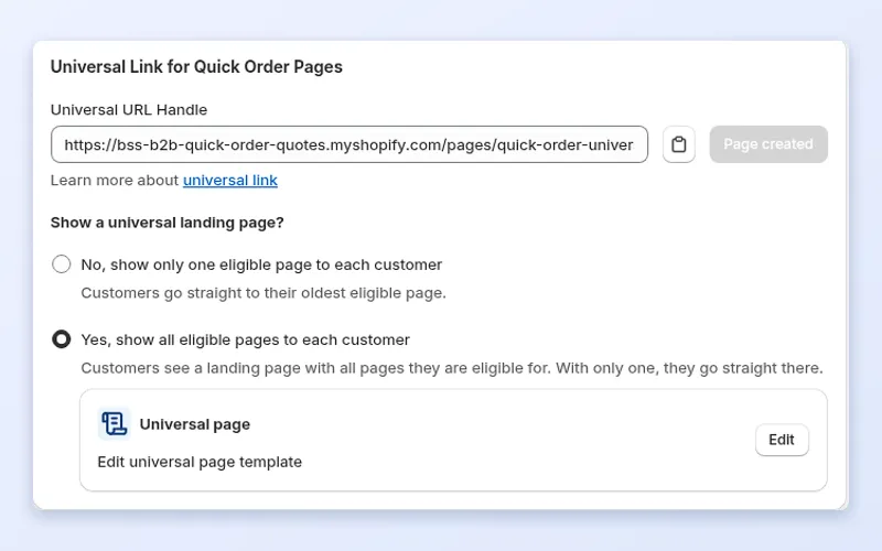BSS B2B Quote Advanced Settings with a Universal URL handle and the option to show a universal landing page