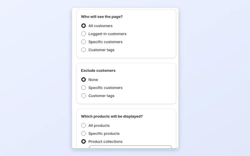 BSS B2B Quote Quick Order editor Visibility tab with who will see the page, exclusions and displayed products