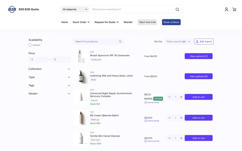 BSS B2B Quote quick order page with filters, a Bulk Import button and product rows with price, stock, quantity and Add to cart