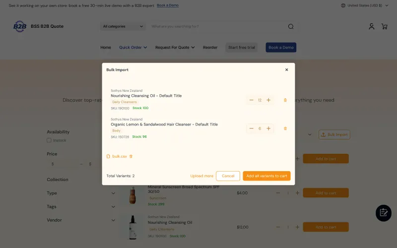 Bulk Import pop-up listing two products from an uploaded CSV with quantities and an Add all variants to cart button