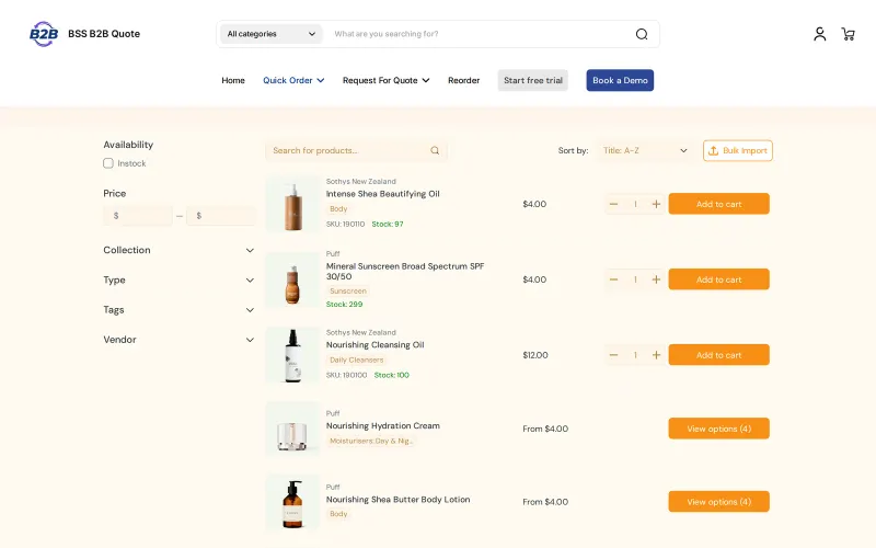 Quick Order page listing products with price, quantity fields, Add to cart buttons and filters