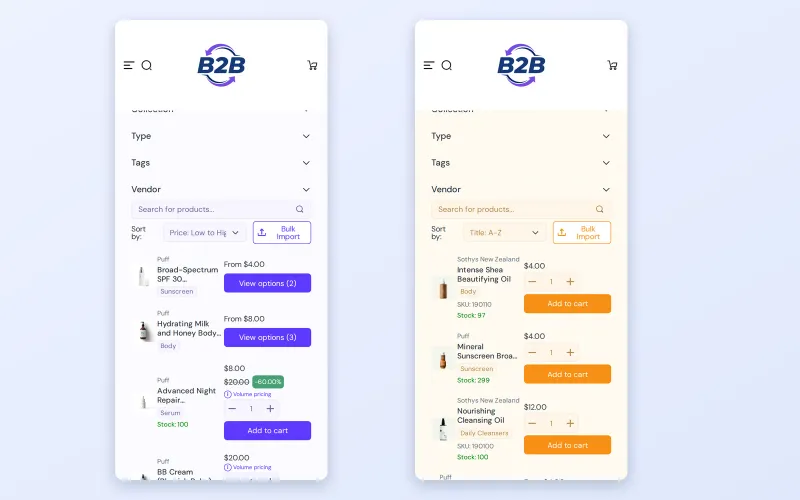 Two mobile Quick Order pages with product rows, quantity fields and Add to cart buttons