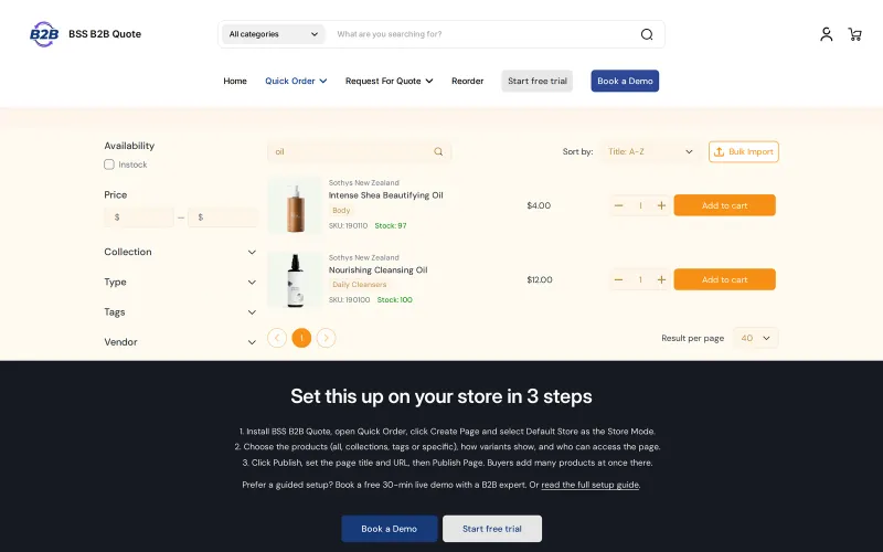 Quick Order page filtered by a search term to two matching products