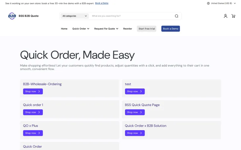 Universal Quick Order landing page listing several Quick Order pages, each with a Shop now button