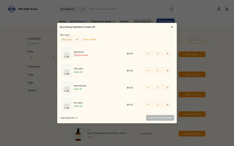 Variant options window on a Quick Order page of a demo store listing four skin type variants, each with a price of $4.00, a stock note and a quantity selector, and an Add All to Cart button