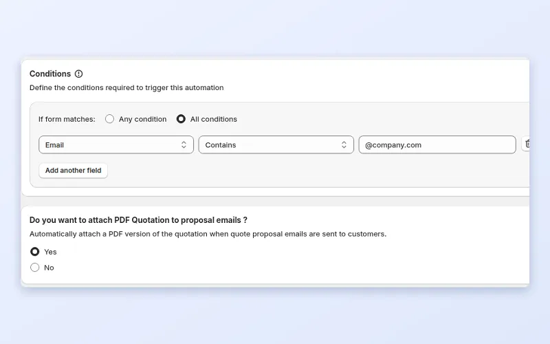 Quote Automation settings with Auto Send Proposal conditions and an attach PDF quotation option