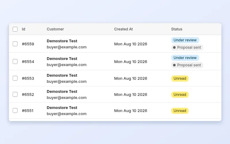 BSS B2B Quote admin list of quote requests with status badges