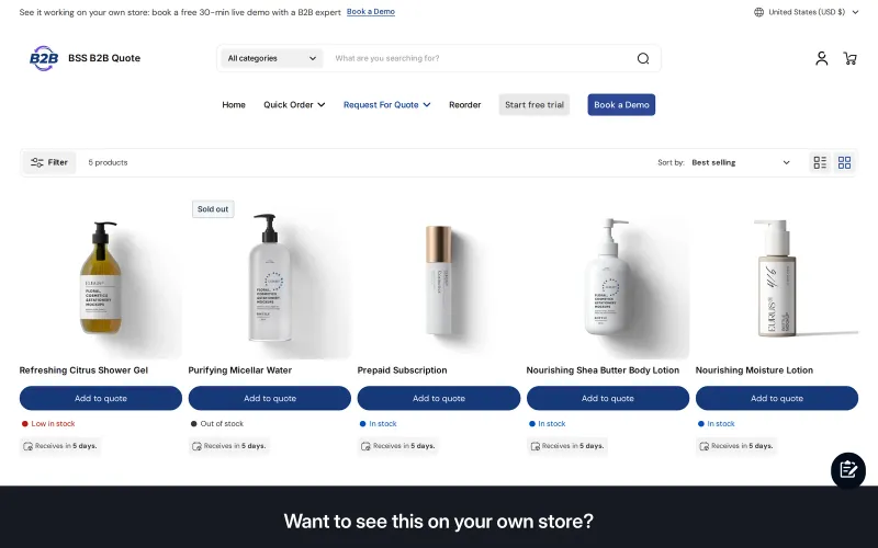 Collection page where each product has an Add to quote button