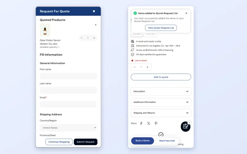 Two mobile screens: the Request for Quote form and an Items added to Quote Request List message