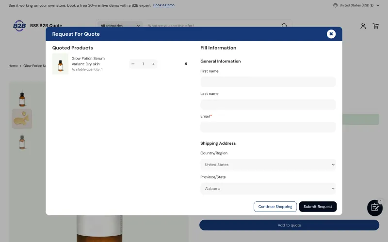 Request For Quote pop-up with the quoted product, general information fields and a shipping address
