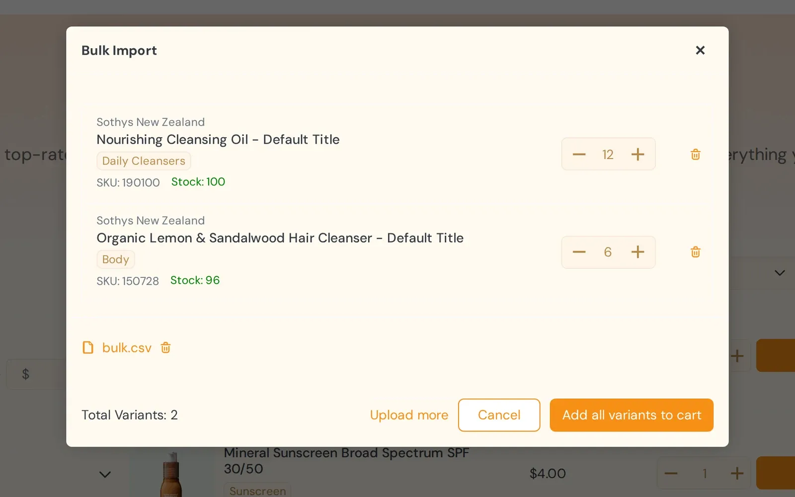 Bulk Import window with an uploaded bulk.csv listing two products and an Add all variants to cart button