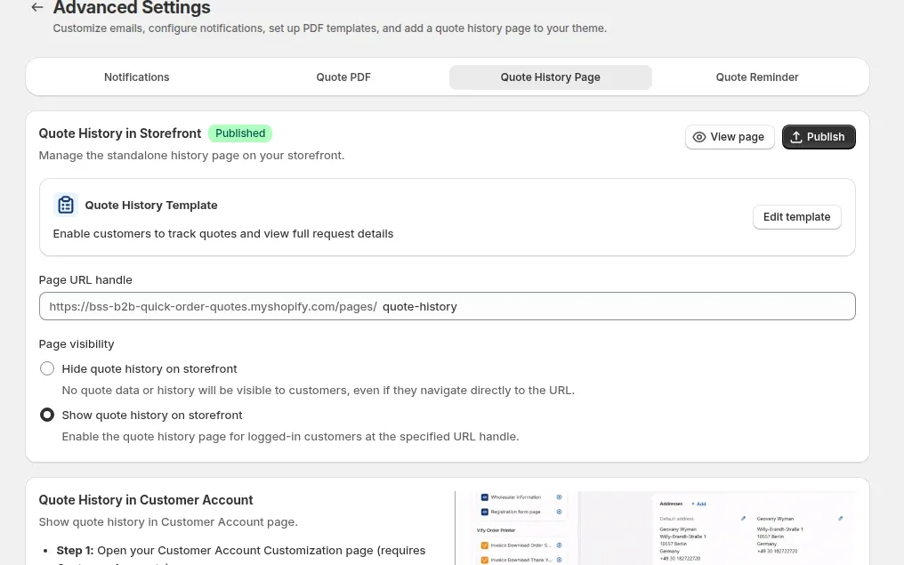 Quote history settings in the app admin: page published and shown to logged-in customers