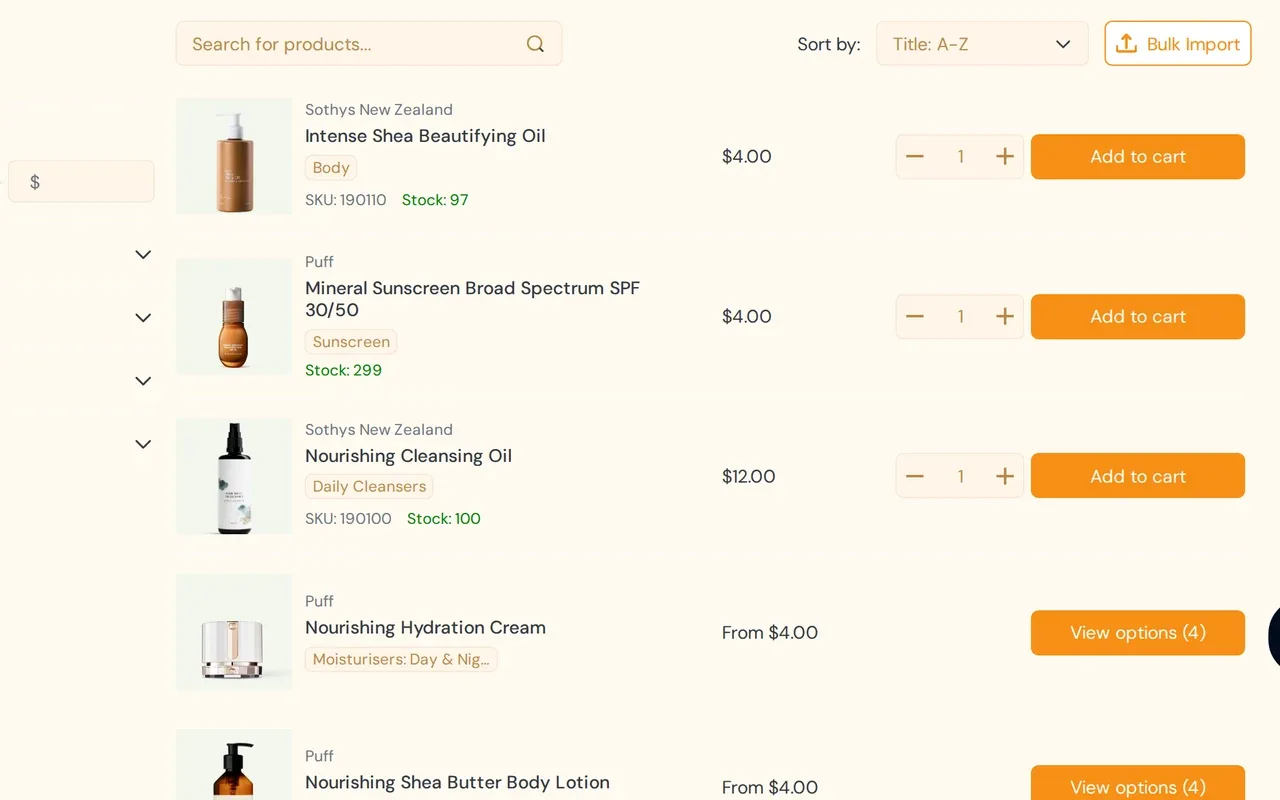 BSS B2B Quote quick order page listing products with SKU, stock, price, quantity and Add to cart, plus a Bulk Import button