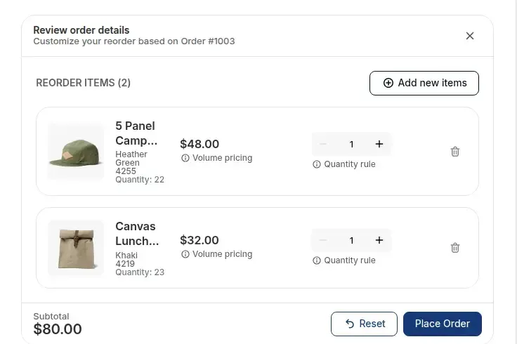 Review order details window with quantity fields, Place Order