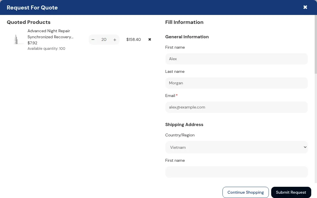 Request For Quote window listing the quoted product next to a contact form
