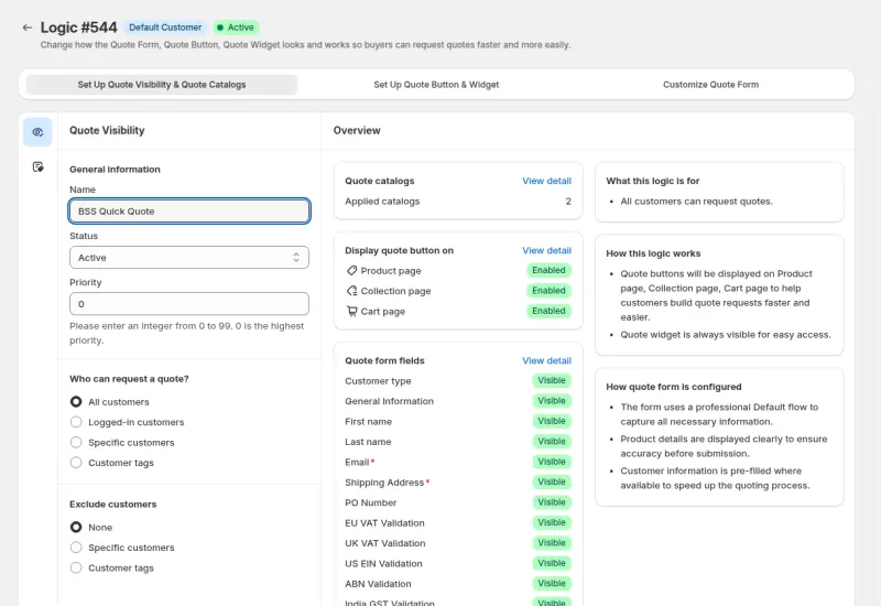 Quote logic page with visibility, button and form tabs