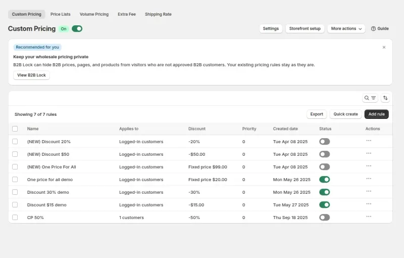 Custom Pricing rule list in the app with Applies to, Discount, Priority and Status columns