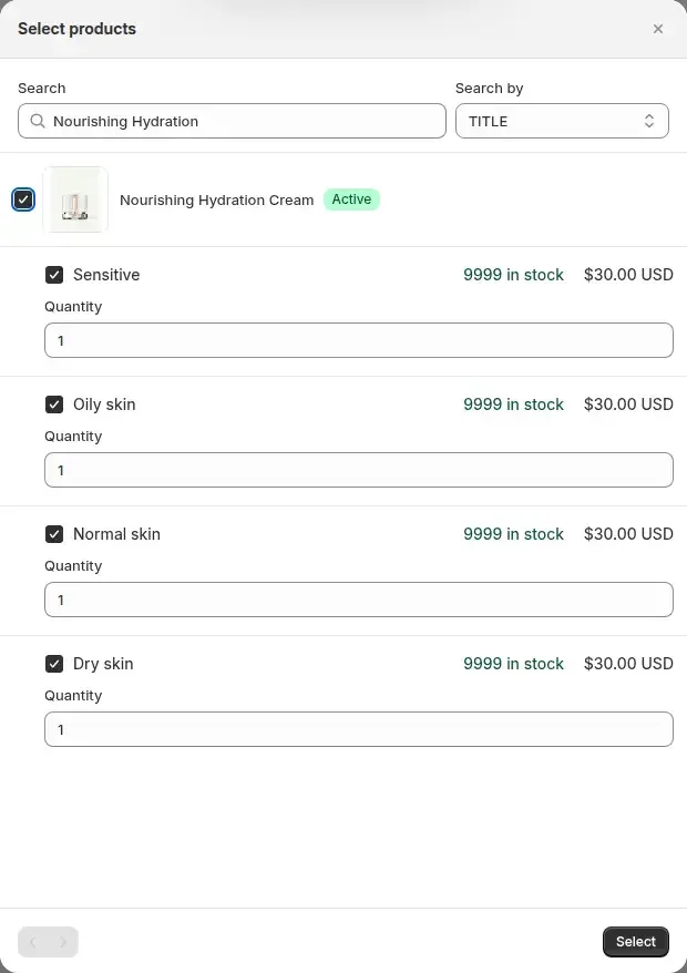Manual Orders Select products dialog with variants, quantities