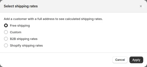 Select shipping rates dialog with four shipping options