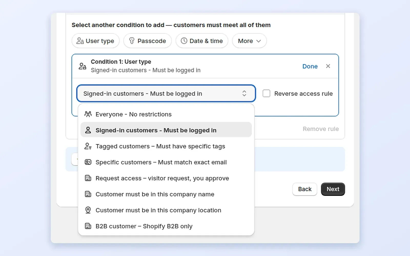 Regeleditor von BSS B2B Lock mit der Liste, wer Preise sehen kann: alle, angemeldete Kunden, Kunden mit Tag und bestimmte Kunden