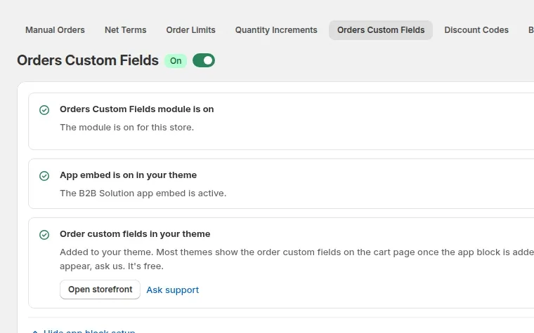 Orders custom fields module settings in the app admin