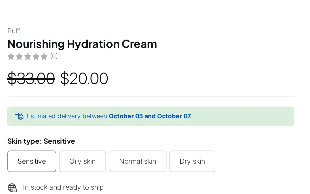 Product page on a demo store showing a struck-through retail price of $33.00 and a custom price of $20.00 for a skincare cream