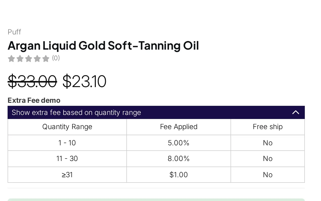 Extra fee table by quantity range shown on a product page