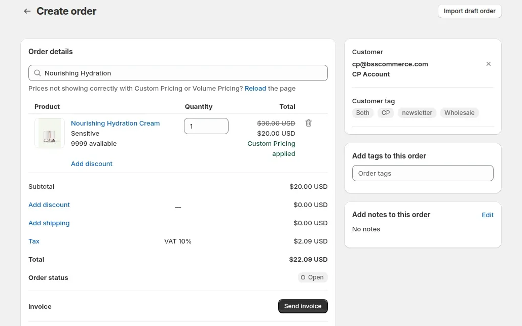 Draft order in Shopify admin with the B2B custom price applied