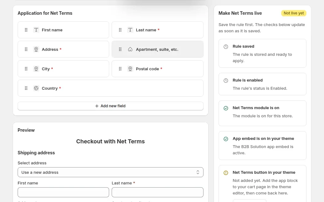 BSS B2B Solution Net Terms editor with an application form and a checklist to make Net Terms live
