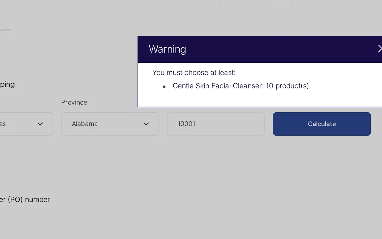 Warning pop-up on a demo store cart: you must choose at least 10 products of Gentle Skin Facial Cleanser